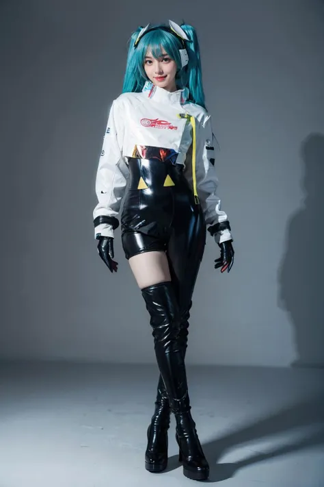 best quality, masterpiece, realistic, photorealistic, 1girl, solo, looking at viewer, smile, standing, full body, arms at side, hatsune miku cosplay costume, hatsune miku, racing miku, cosplay, twintails, aqua hair, very long hair, bodysuit, black bodysuit, asymmetrical bodysuit, crop top, white crop top, cropped jacket, white cropped jacket, long sleeves, logo on crop top, logo, print bodysuit, hair ornament, gloves, two-tone gloves, clothes writing, single legwear, single thigh boot, high heel, grey background, <lora:miku_cosplay_Racing2022_v1:0.75>,