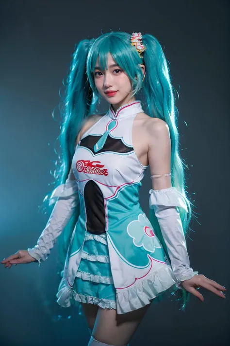 best quality, masterpiece, realistic, photorealistic, 1girl, solo, looking at viewer, smile, standing, cowboy shot, hatsune miku cosplay costume, cosplay, racing miku, hatsune miku, twintails, very long hair, aqua hair, hair ornament, dress, sleeveless, bare shoulders, detached sleeves, thighhighs, grey background, <lora:miku_cosplay_Racing2017_v1:0.65>