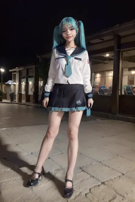 ((masterpiece:1.4)), ((best quality:1.4)), ((hyperdetailed)), ((hyperrealistic)), ((RAW photo, 8K, HDR10+, high-res, depth of field, ray tracing)), ((((full body:1.5), (medium breast:1.5), (slender body:1.5), (body height 150 cm:1.3, body weight 40 Kg:1.3), short girl, 21 years old, breast size 32D:1.3, 1girl, solo, petite)))), (((((((sexy pose:1.5)), standing, arms at side:1.5, (open legs:1.5))))), (photorealistic:1.5), hyperrealism, photography, shoot by professional, ((night:1.5, nighttime background:1.5, night sky:1.5)), ((((night in school:1.2), school park:1.3, school environment:1.4, school area:1.2))), outdoor, professional model, tuned by professional, lustful woman, arroused, flirty, orgasm, horny, seductive, tempt, naughty, cute, virgin, looking at viewer, a dashing collected professional beauty woman, Indonesia, <lora:Javanese_Girl_V1_Retrained:0.65>, niken, woman, girl, young girl, nkftnh, body facing forward, <lora:miku_cosplay_schoolUniform_v1:0.65> hatsune miku, cosplay, aqua hair, twintails, hair ornament, very long hair, headphones, alternate costume, school uniform, sailor collar, serafuku, shirt, long sleeves, necktie, skirt, pleated skirt