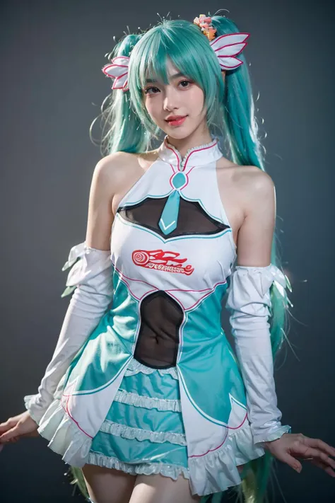 best quality, masterpiece, realistic, photorealistic, 1girl, solo, looking at viewer, smile, standing, cowboy shot, hatsune miku cosplay costume, cosplay, racing miku, hatsune miku, twintails, very long hair, aqua hair, hair ornament, dress, sleeveless, bare shoulders, detached sleeves, thighhighs, grey background, <lora:miku_cosplay_Racing2017_v1:0.65>