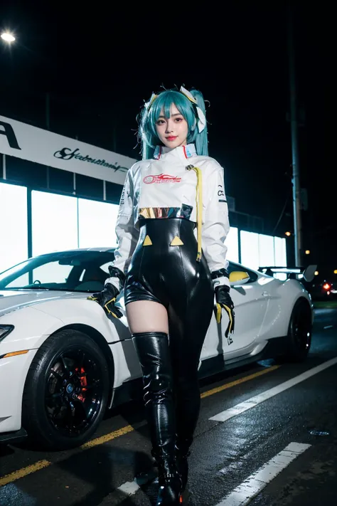 best quality, masterpiece, realistic, photorealistic, 1girl, solo, looking at viewer, smile, standing, full body, arms at side, hatsune miku cosplay costume, hatsune miku, racing miku, cosplay, twintails, aqua hair, very long hair, bodysuit, black bodysuit, asymmetrical bodysuit, crop top, white crop top, cropped jacket, white cropped jacket, long sleeves, logo on crop top, logo, print bodysuit, hair ornament, gloves, two-tone gloves, clothes writing, single legwear, single thigh boot, high heel, racing track, race vehicle, racecar, <lora:miku_cosplay_Racing2022_v1:0.75>