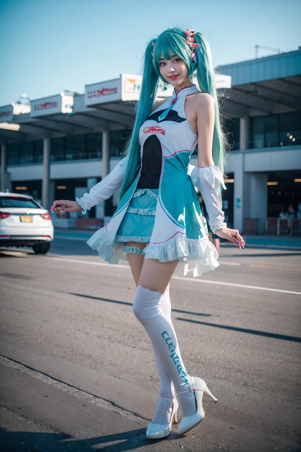 best quality, masterpiece, realistic, photorealistic, 1girl, solo, looking at viewer, smile, standing, full body, hatsune miku cosplay costume, cosplay, racing miku, hatsune miku, twintails, very long hair, aqua hair, hair ornament, dress, sleeveless, bare shoulders, detached sleeves, thighhighs, print legwear, high heels, racing track, race vehicle, racecar, <lora:miku_cosplay_Racing2017_v1:0.65>