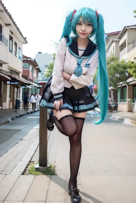 ((masterpiece:1.4)), ((best quality:1.4)), ((highly detailed)), ((hyperrealistic)), ((nikon RAW photo, 8K, Fujifilm XT3, HDR10+, high-res, depth of field)), ((((full body:1.5), (medium breast:1.5), slender body:1.5, body height 150 cm, body weight 40 Kg, 21 years old, breast size 32D, 1girl, solo, (standing, arms at side:1.3, open legs:1.3, (sexy pose:1.4))))), (photorealistic:1.5), realism, photography, high quality, shoot by professional, school park, school environment, school area, outdoor, night, night time background, professional model, tuned by professional, lustful woman, arroused, flirty, orgasm, horny, seductive, tempt, naughty, cute, virgin, looking at viewer, a dashing collected professional beauty woman, cosplay, Indonesia, <lora:Javanese_Girl_V1_Retrained:0.65>, niken, woman, girl, young girl, nkftnh, body facing forward, <lora:miku_cosplay_schoolUniform_v1:0.65> hatsune miku, cosplay, aqua hair, twintails, hair ornament, very long hair, headphones, alternate costume, school uniform, sailor collar, serafuku, shirt, long sleeves, necktie, skirt, pleated skirt