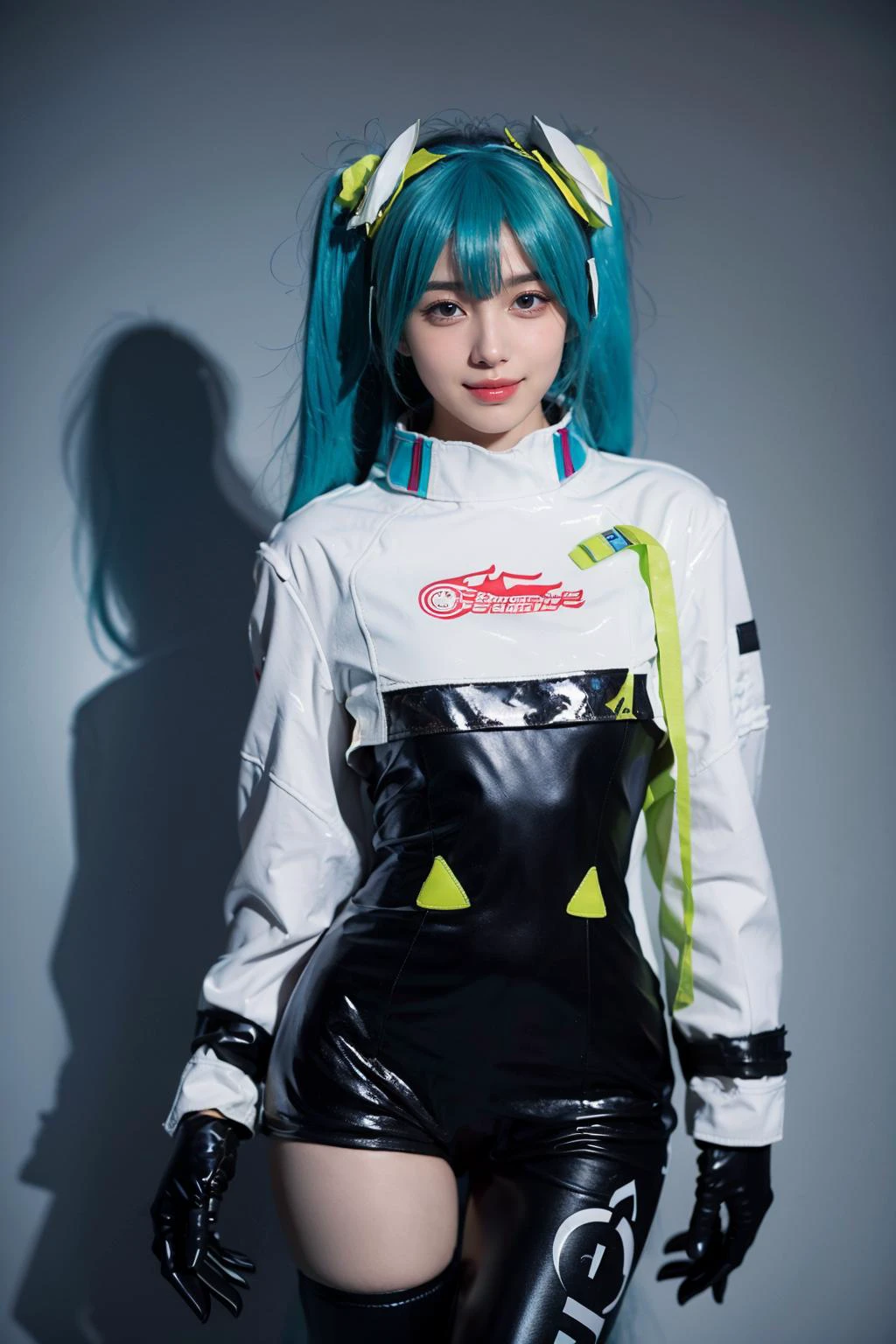 best quality, masterpiece, realistic, photorealistic, 1girl, solo, looking at viewer, smile, standing, cowboy shot, arms at side, hatsune miku cosplay costume, hatsune miku, racing miku, cosplay, twintails, aqua hair, very long hair, bodysuit, black bodysuit, asymmetrical bodysuit, crop top, white crop top, cropped jacket, white cropped jacket, long sleeves, logo on crop top, logo, print bodysuit, hair ornament, gloves, two-tone gloves, clothes writing, single legwear, single thigh boot, grey background, <lora:miku_cosplay_Racing2022_v1:0.75>