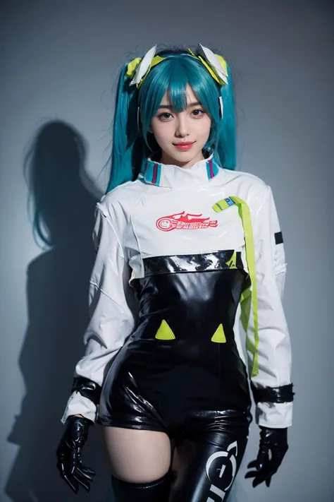 best quality, masterpiece, realistic, photorealistic, 1girl, solo, looking at viewer, smile, standing, cowboy shot, arms at side, hatsune miku cosplay costume, hatsune miku, racing miku, cosplay, twintails, aqua hair, very long hair, bodysuit, black bodysuit, asymmetrical bodysuit, crop top, white crop top, cropped jacket, white cropped jacket, long sleeves, logo on crop top, logo, print bodysuit, hair ornament, gloves, two-tone gloves, clothes writing, single legwear, single thigh boot, grey background, <lora:miku_cosplay_Racing2022_v1:0.75>