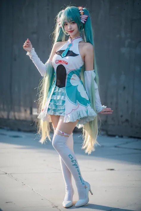 best quality, masterpiece, realistic, photorealistic, 1girl, solo, looking at viewer, smile, standing, full body, hatsune miku cosplay costume, cosplay, racing miku, hatsune miku, twintails, very long hair, aqua hair, hair ornament, dress, sleeveless, bare shoulders, detached sleeves, thighhighs, print legwear, high heels, grey background, <lora:miku_cosplay_Racing2017_v1:0.65>