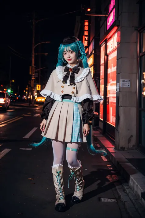 best quality, masterpiece, realistic, photorealistic, 1girl, solo, looking at viewer, smile, standing, full body, arms at side, hatsune miku cosplay costume, hatsune miku, cosplay, aqua hair, twintails, very long hair, braid, capelet, long sleeves, skirt, pleated skirt, plaid, frills, bowtie, bow, hat, jewelry, brooch, thigh strap, pantyhose, white pantyhose, white boots, street, people, night, light, neon light, <lora:miku_cosplay_detective_v1:0.7>