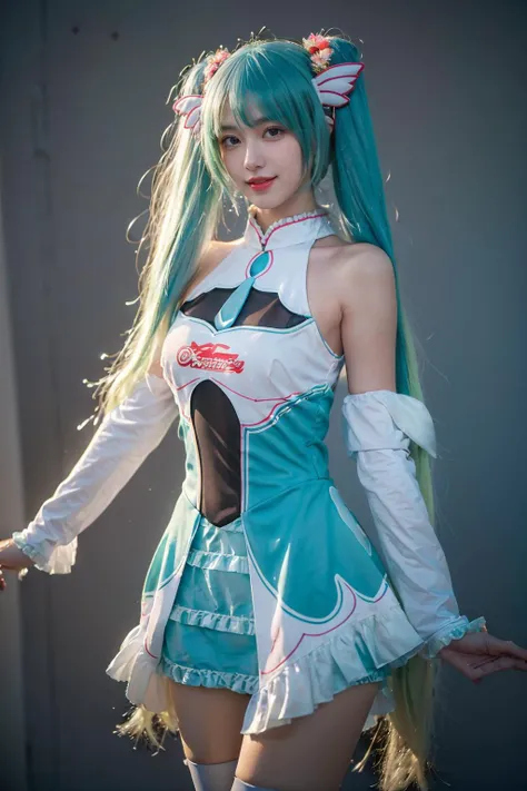 best quality, masterpiece, realistic, photorealistic, 1girl, solo, looking at viewer, smile, standing, cowboy shot, hatsune miku cosplay costume, cosplay, racing miku, hatsune miku, twintails, very long hair, aqua hair, hair ornament, dress, sleeveless, bare shoulders, detached sleeves, thighhighs, grey background, <lora:miku_cosplay_Racing2017_v1:0.65>