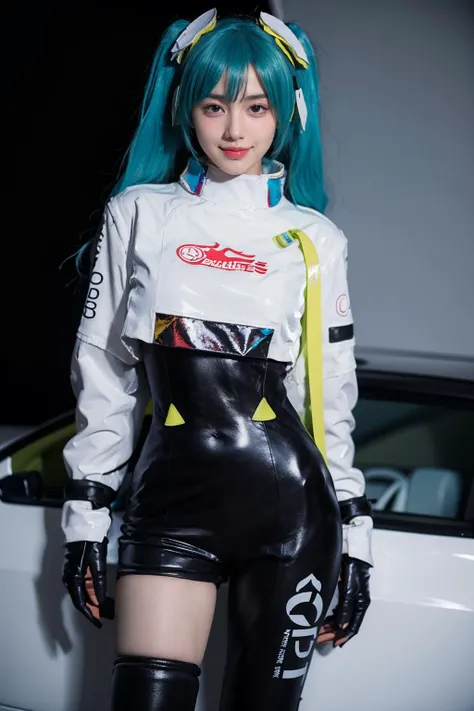 best quality, masterpiece, realistic, photorealistic, 1girl, solo, looking at viewer, smile, standing, cowboy shot, arms at side, hatsune miku cosplay costume, hatsune miku, racing miku, cosplay, twintails, aqua hair, very long hair, bodysuit, black bodysuit, asymmetrical bodysuit, crop top, white crop top, cropped jacket, white cropped jacket, long sleeves, logo on crop top, logo, print bodysuit, hair ornament, gloves, two-tone gloves, clothes writing, single legwear, single thigh boot, racing track, race vehicle, racecar, <lora:miku_cosplay_Racing2022_v1:0.75>