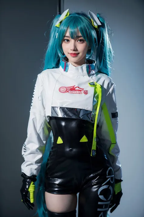 best quality, masterpiece, realistic, photorealistic, 1girl, solo, looking at viewer, smile, standing, cowboy shot, arms at side, hatsune miku cosplay costume, hatsune miku, racing miku, cosplay, twintails, aqua hair, very long hair, bodysuit, black bodysuit, asymmetrical bodysuit, crop top, white crop top, cropped jacket, white cropped jacket, long sleeves, logo on crop top, logo, print bodysuit, hair ornament, gloves, two-tone gloves, clothes writing, single legwear, single thigh boot, grey background, <lora:miku_cosplay_Racing2022_v1:0.75>