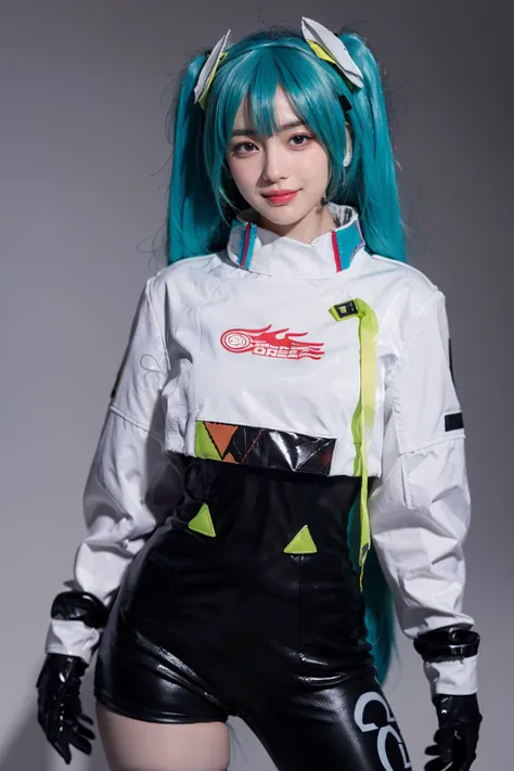 best quality, masterpiece, realistic, photorealistic, 1girl, solo, looking at viewer, smile, standing, cowboy shot, arms at side, hatsune miku cosplay costume, hatsune miku, racing miku, cosplay, twintails, aqua hair, very long hair, bodysuit, black bodysuit, asymmetrical bodysuit, crop top, white crop top, cropped jacket, white cropped jacket, long sleeves, logo on crop top, logo, print bodysuit, hair ornament, gloves, two-tone gloves, clothes writing, single legwear, single thigh boot, grey background, <lora:miku_cosplay_Racing2022_v1:0.75>