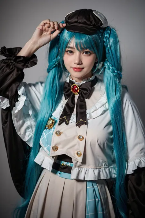 best quality, masterpiece, realistic, photorealistic, 1girl, solo, looking at viewer, smile, standing, cowboy shot, hatsune miku cosplay costume, hatsune miku, cosplay, aqua hair, twintails, very long hair, braid, capelet, long sleeves, skirt, pleated skirt, plaid, frills, bowtie, bow, hat, jewelry, brooch, grey background, <lora:miku_cosplay_detective_v1:0.7>