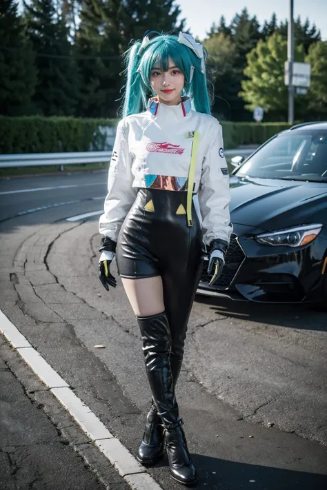 best quality, masterpiece, realistic, photorealistic, 1girl, solo, looking at viewer, smile, standing, full body, arms at side, hatsune miku cosplay costume, hatsune miku, racing miku, cosplay, twintails, aqua hair, very long hair, bodysuit, black bodysuit, asymmetrical bodysuit, crop top, white crop top, cropped jacket, white cropped jacket, long sleeves, logo on crop top, logo, print bodysuit, hair ornament, gloves, two-tone gloves, clothes writing, single legwear, single thigh boot, high heel, racing track, race vehicle, racecar, <lora:miku_cosplay_Racing2022_v1:0.75>