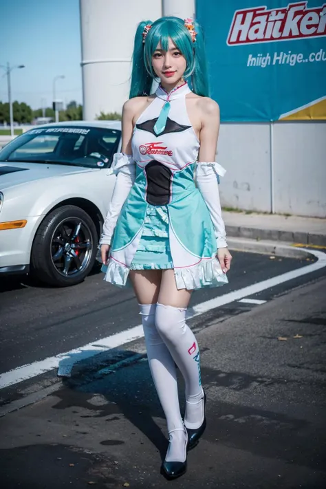 best quality, masterpiece, realistic, photorealistic, 1girl, solo, looking at viewer, smile, standing, full body, hatsune miku cosplay costume, cosplay, racing miku, hatsune miku, twintails, very long hair, aqua hair, hair ornament, dress, sleeveless, bare shoulders, detached sleeves, thighhighs, print legwear, high heels, racing track, race vehicle, racecar, <lora:miku_cosplay_Racing2017_v1:0.65>