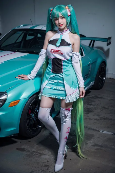 best quality, masterpiece, realistic, photorealistic, 1girl, solo, looking at viewer, smile, standing, full body, hatsune miku cosplay costume, cosplay, racing miku, hatsune miku, twintails, very long hair, aqua hair, hair ornament, dress, sleeveless, bare shoulders, detached sleeves, thighhighs, print legwear, high heels, racing track, race vehicle, racecar, <lora:miku_cosplay_Racing2017_v1:0.65>