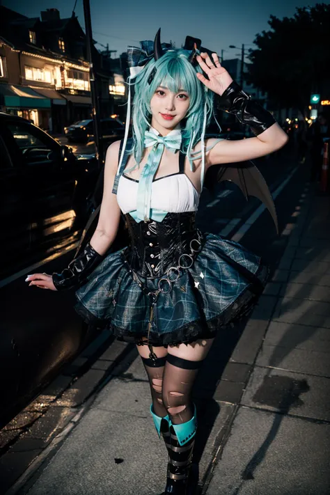 best quality, masterpiece, realistic, photorealistic, 1girl, solo, looking at viewer, smile, standing, full body, hatsune miku cosplay costume, hatsune miku, cosplay, aqua hair, very long hair, twintails, shirt, corset, skirt, plaid skirt, detached collar, detached sleeves, arm warmers, bowtie, bow, horns, demon horns, demon wings, demon tail, ribbon, o-ring, chain, thigh strap, hair ribbon, hair bow, thighhighs, torn thighhighs, knee boots, belt boots, platform boots, in street, night, people, shop, <lora:miku_cosplay_Villains_v1:0.75>, <lora:Background Detail Enhanced_Si_v3.0:1.5>