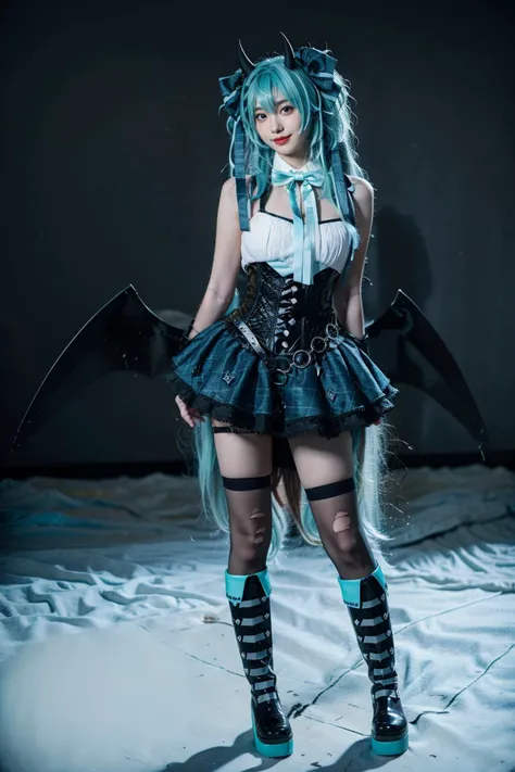 best quality, masterpiece, realistic, photorealistic, 1girl, solo, looking at viewer, smile, standing, full body, arms at side, hatsune miku cosplay costume, hatsune miku, cosplay, aqua hair, very long hair, twintails, shirt, corset, skirt, plaid skirt, detached collar, detached sleeves, arm warmers, bowtie, bow, horns, demon horns, demon wings, demon tail, ribbon, o-ring, chain, thigh strap, hair ribbon, hair bow, thighhighs, torn thighhighs, knee boots, belt boots, platform boots, simple background, grey background, <lora:miku_cosplay_Villains_v1:0.75>