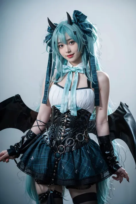 best quality, masterpiece, realistic, photorealistic, 1girl, solo, looking at viewer, smile, standing, cowboy shot, hatsune miku cosplay costume, hatsune miku, cosplay, aqua hair, very long hair, twintails, shirt, corset, skirt, plaid skirt, detached collar, detached sleeves, arm warmers, bowtie, bow, horns, demon horns, demon wings, demon tail, ribbon, o-ring, chain, thigh strap, hair ribbon, hair bow, thighhighs, torn thighhighs, simple background, grey background, <lora:miku_cosplay_Villains_v1:0.75>