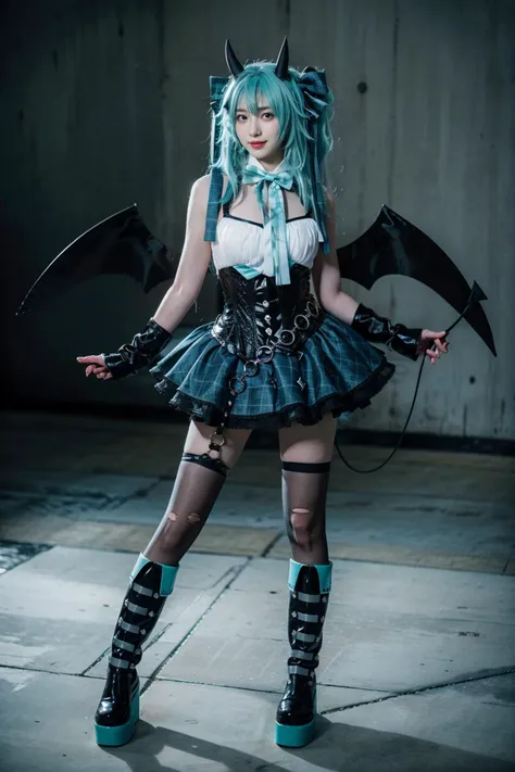 best quality, masterpiece, realistic, photorealistic, 1girl, solo, looking at viewer, smile, standing, full body, hatsune miku cosplay costume, hatsune miku, cosplay, aqua hair, very long hair, twintails, shirt, corset, skirt, plaid skirt, detached collar, detached sleeves, arm warmers, bowtie, bow, horns, demon horns, demon wings, demon tail, ribbon, o-ring, chain, thigh strap, hair ribbon, hair bow, thighhighs, torn thighhighs, knee boots, belt boots, platform boots, simple background, grey background, <lora:miku_cosplay_Villains_v1:0.75>