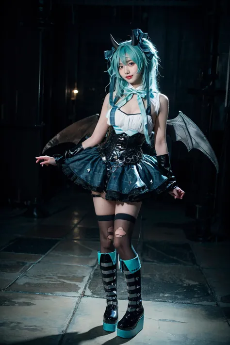 best quality, masterpiece, realistic, photorealistic, 1girl, solo, looking at viewer, smile, standing, full body, hatsune miku cosplay costume, hatsune miku, cosplay, aqua hair, very long hair, twintails, shirt, corset, skirt, plaid skirt, detached collar, detached sleeves, arm warmers, bowtie, bow, horns, demon horns, demon wings, demon tail, ribbon, o-ring, chain, thigh strap, hair ribbon, hair bow, thighhighs, torn thighhighs, knee boots, belt boots, platform boots, castle, night, moon, <lora:miku_cosplay_Villains_v1:0.75>, <lora:Background Detail Enhanced_Si_v3.0:1.5>