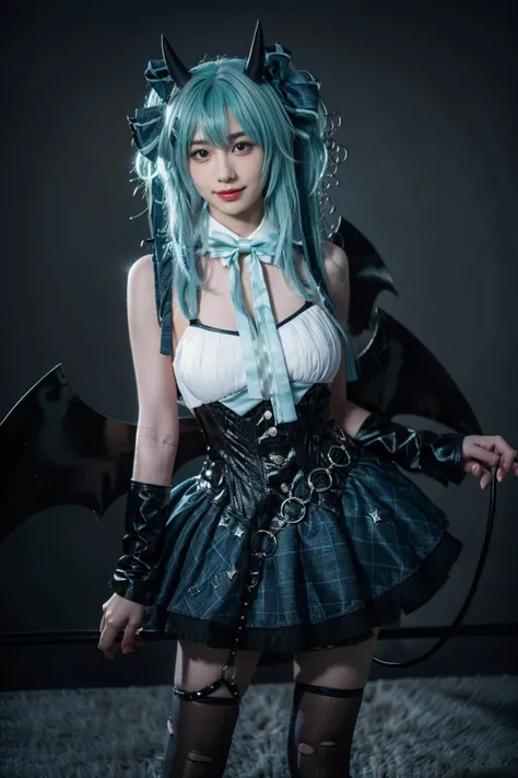 best quality, masterpiece, realistic, photorealistic, 1girl, solo, looking at viewer, smile, standing, cowboy shot, hatsune miku cosplay costume, hatsune miku, cosplay, aqua hair, very long hair, twintails, shirt, corset, skirt, plaid skirt, detached collar, detached sleeves, arm warmers, bowtie, bow, horns, demon horns, demon wings, demon tail, ribbon, o-ring, chain, thigh strap, hair ribbon, hair bow, thighhighs, torn thighhighs, simple background, grey background, <lora:miku_cosplay_Villains_v1:0.75>