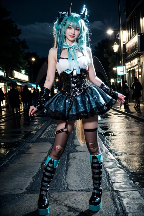 best quality, masterpiece, realistic, photorealistic, 1girl, solo, looking at viewer, smile, standing, full body, hatsune miku cosplay costume, hatsune miku, cosplay, aqua hair, very long hair, twintails, shirt, corset, skirt, plaid skirt, detached collar, detached sleeves, arm warmers, bowtie, bow, horns, demon horns, demon wings, demon tail, ribbon, o-ring, chain, thigh strap, hair ribbon, hair bow, thighhighs, torn thighhighs, knee boots, belt boots, platform boots, in street, night, people, shop, <lora:miku_cosplay_Villains_v1:0.75>, <lora:Background Detail Enhanced_Si_v3.0:1.5>