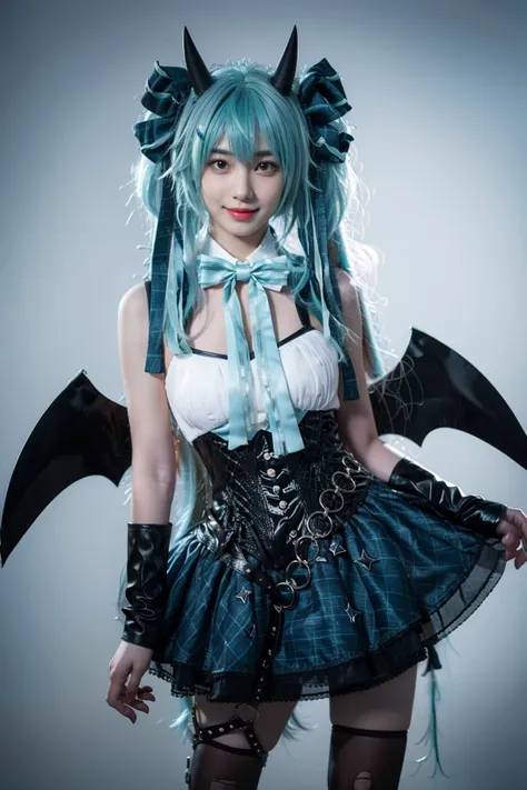 best quality, masterpiece, realistic, photorealistic, 1girl, solo, looking at viewer, smile, standing, cowboy shot, hatsune miku cosplay costume, hatsune miku, cosplay, aqua hair, very long hair, twintails, shirt, corset, skirt, plaid skirt, detached collar, detached sleeves, arm warmers, bowtie, bow, horns, demon horns, demon wings, demon tail, ribbon, o-ring, chain, thigh strap, hair ribbon, hair bow, thighhighs, torn thighhighs, simple background, grey background, <lora:miku_cosplay_Villains_v1:0.75>