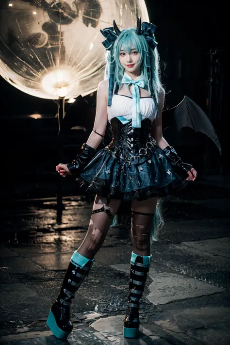 best quality, masterpiece, realistic, photorealistic, 1girl, solo, looking at viewer, smile, standing, full body, arms at side, hatsune miku cosplay costume, hatsune miku, cosplay, aqua hair, very long hair, twintails, shirt, corset, skirt, plaid skirt, detached collar, detached sleeves, arm warmers, bowtie, bow, horns, demon horns, demon wings, demon tail, ribbon, o-ring, chain, thigh strap, hair ribbon, hair bow, thighhighs, torn thighhighs, knee boots, belt boots, platform boots, castle, night, moon, <lora:miku_cosplay_Villains_v1:0.75>, <lora:Background Detail Enhanced_Si_v3.0:1.5>