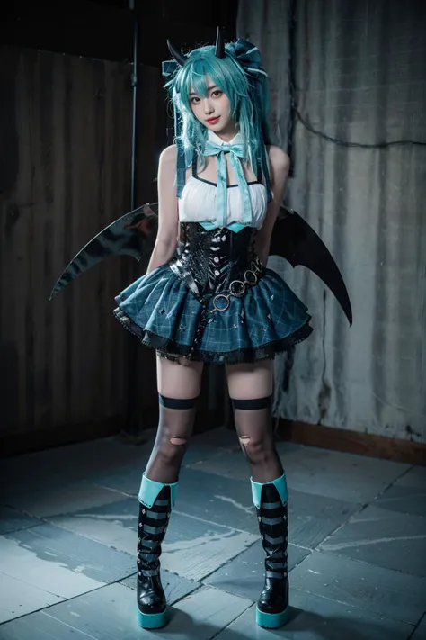 best quality, masterpiece, realistic, photorealistic, 1girl, solo, looking at viewer, smile, standing, full body, arms behind back, hatsune miku cosplay costume, hatsune miku, cosplay, aqua hair, very long hair, twintails, shirt, corset, skirt, plaid skirt, detached collar, detached sleeves, arm warmers, bowtie, bow, horns, demon horns, demon wings, demon tail, ribbon, o-ring, chain, thigh strap, hair ribbon, hair bow, thighhighs, torn thighhighs, knee boots, belt boots, platform boots, simple background, grey background, <lora:miku_cosplay_Villains_v1:0.75>