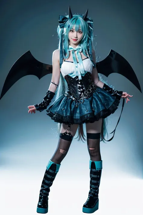 best quality, masterpiece, realistic, photorealistic, 1girl, solo, looking at viewer, smile, standing, full body, arms at side, hatsune miku cosplay costume, hatsune miku, cosplay, aqua hair, very long hair, twintails, shirt, corset, skirt, plaid skirt, detached collar, detached sleeves, arm warmers, bowtie, bow, horns, demon horns, demon wings, demon tail, ribbon, o-ring, chain, thigh strap, hair ribbon, hair bow, thighhighs, torn thighhighs, knee boots, belt boots, platform boots, simple background, grey background, <lora:miku_cosplay_Villains_v1:0.75>