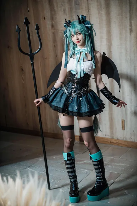 best quality, masterpiece, realistic, photorealistic, 1girl, solo, looking at viewer, smile, standing, full body, arms at side, hatsune miku cosplay costume, hatsune miku, cosplay, aqua hair, very long hair, twintails, shirt, corset, skirt, plaid skirt, detached collar, detached sleeves, arm warmers, bowtie, bow, horns, demon horns, demon wings, demon tail, ribbon, o-ring, chain, thigh strap, hair ribbon, hair bow, thighhighs, torn thighhighs, knee boots, belt boots, platform boots, trident, holding trident, grey simple background, <lora:miku_cosplay_Villains_v1:0.75>