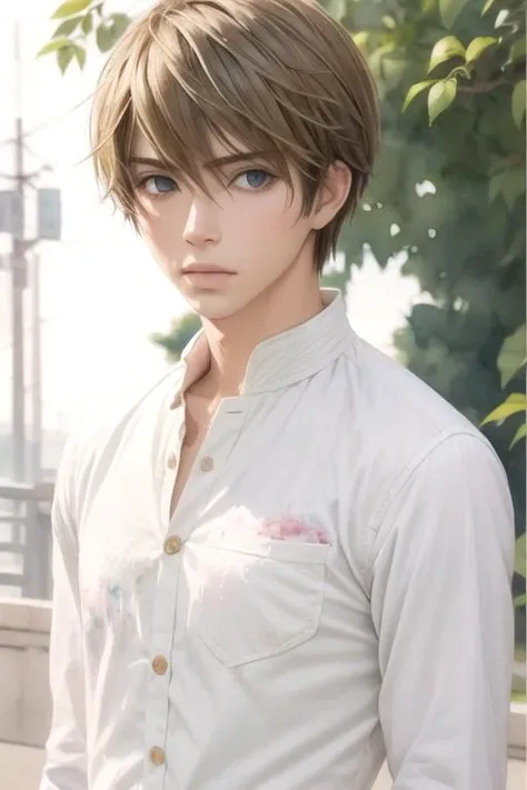 masterpiece, best quality, illustration, 1boy, solo, male focus, looking at viewer, upper body, depth of field, (watercolor illustration, soft pastel colors:1.1), , <lora:shinobu_takatsuki:0.70>, shinobu_takatsuki, blonde hair, grey eyes, indian costume, dieselpunk,