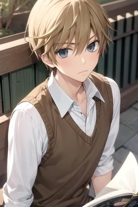 masterpiece, best quality, movie still, 1boy, solo, male focus, looking at viewer, , , , , <lora:shinobu_takatsuki:0.68>, shinobu_takatsuki, blonde hair, grey eyes, swashbuckler costume, grimdark, HD-DVD