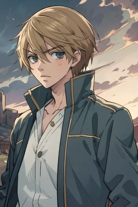 masterpiece, best quality, illustration, 1boy, solo, male focus, looking at viewer, upper body, , , , <lora:shinobu_takatsuki:0.74>, shinobu_takatsuki, blonde hair, grey eyes, windcheater, , The Valley of the Damned, 12k resolution