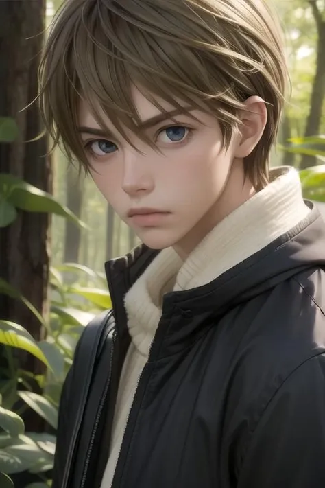 masterpiece, best quality, wallpaper, 1boy, solo, male focus, looking at viewer, , depth of field, , , <lora:shinobu_takatsuki:0.70>, shinobu_takatsuki, blonde hair, grey eyes, , The Enchanted Forest, High resolution