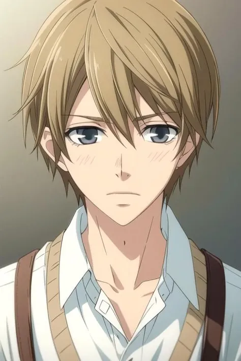 masterpiece, best quality, photorealistic, 1boy, solo, male focus, looking at viewer, upper body, depth of field, (watercolor illustration, soft pastel colors:1.1), , <lora:shinobu_takatsuki:0.68>, shinobu_takatsuki, blonde hair, grey eyes
