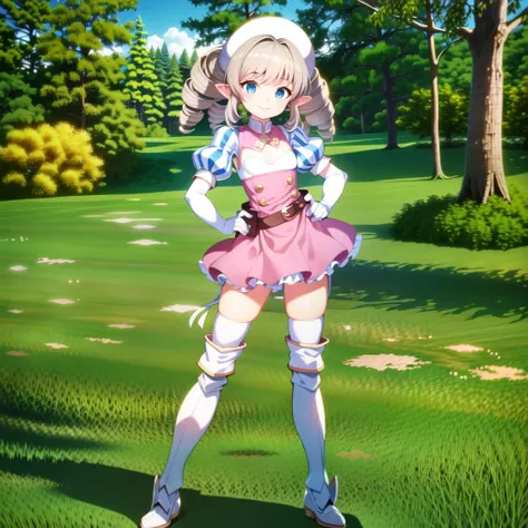 masterpiece, best quality, (1girl, solo),
yumir, 1girl, solo, underwear, panties, thighhighs, blue eyes, white panties, pointy ears, puffy sleeves, side-tie panties, full body, gauntlets, boots, drill hair, dress, gloves, white thighhighs, white gloves, ass visible through thighs, standing, puffy short sleeves, looking at viewer, small breasts, breasts, short sleeves, bangs, elbow gloves, hand on hip, armor, armored boots, closed mouth, greaves, pink dress, belt, short dress, knee boots,smile
<lora:Yumir:0.65>
( outdoors, forest,  dynamic pose,  looking at viewer ),(close-up, face focus,upper body, )