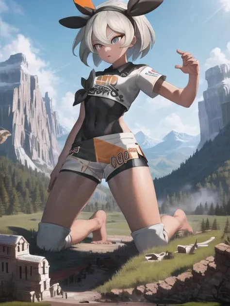 beautiful, masterpiece, best quality, extremely detailed face, perfect lighting, 1girl, solo, grey eyes, <lora:Bea:0.9>,bea \(pokemon\), bodysuit, black bodysuit, print shirt, print shorts, knee pads, masterpiece, ((official art)), (detailed eyes, deep eyes), (1girl:1.33, solo), full body, narrow eyes, symmetrical eyes, symmetrical face, perfect arms, perfect hands, perfect face, perfect legs, perfect feet, <lora:more_details:0.7>
looking down, looking at the ground, looking down
<lora:giantess:1>, mountain range, destruction, craters, GTSGiga, size difference, giga giantess, 1girl, solo, giga giantess kneeling over a mountain:1.5, giga giantess looming over a tiny mountain, legs spread:1.5, , blue sky, looking down, outdoors, (gts:1.2), (in distance:1.2), standing, highres, detailed eyes, perfect eyes, beautiful eyes, perfect face, distant view, full body BREAK (16k, highres, high quality, masterpiece, ultra detailed, perfect lighting:1.1), 1girl,
footprints, huge footprints,
destruction, rampage, huge craters, ravines, cracks in the ground, earthquake, smoke, fire, destroyed forest, destroyed mountains, ruins, rubble, debris, crumbling, knocked over trees, toppled trees, toppled mountains, crumbling forests, crumbling mountains, falling trees, rampage in the forest, destruction in the forest, rampage in the mountains, destruction in the mountains
