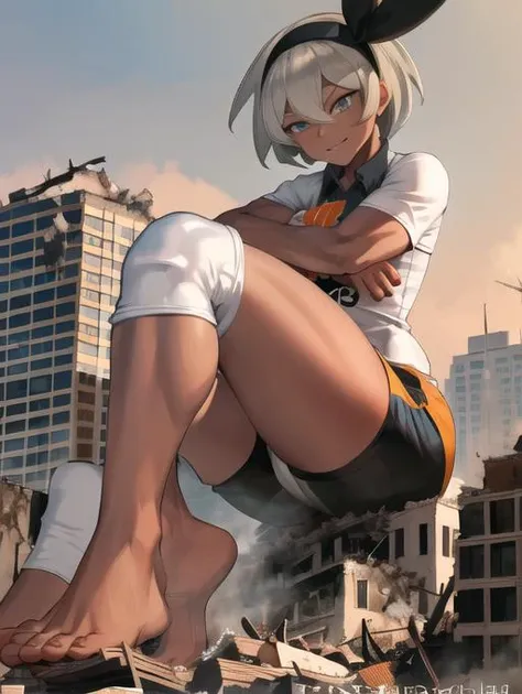 ultra detailed, masterpiece, best quality, solo, <lora:Bea:0.7> bea pokemon, bea \(pokemon\), dark-skinned female, grey eyes, grey hair, hair between eyes, short hair, black hairband, bodysuit under clothes, collared shirt, short sleeves, white shirt, side slit shorts, wristband, glove, knee pads, barefoot, medium breasts
evil grin, narrow eyes
muscular, huge muscles, muscular female, huge arms, muscular arms, muscular thighs, huge thighs, full body, narrow eyes, symmetrical eyes, symmetrical face, perfect arms, perfect hands, perfect face, perfect legs, perfect feet, <lora:more_details:0.7>, sharp eyes, detailed eyes, symmetrical eyes, symmetrical face
muscular
looking down:2, looking at the ground:1.5, looking down
evil grin, grinning, <lora:GTS:0.85>, micro city, destroyed buildings, looking down at viewer, (gts:1.2), (groundview:1.2), from below, low angle, (rampage, destruction:1.2), (partially obscured:1.2), (in distance:1.2), destroying a building, investigating highres, detailed eyes, perfect eyes, beautiful eyes, perfect face,