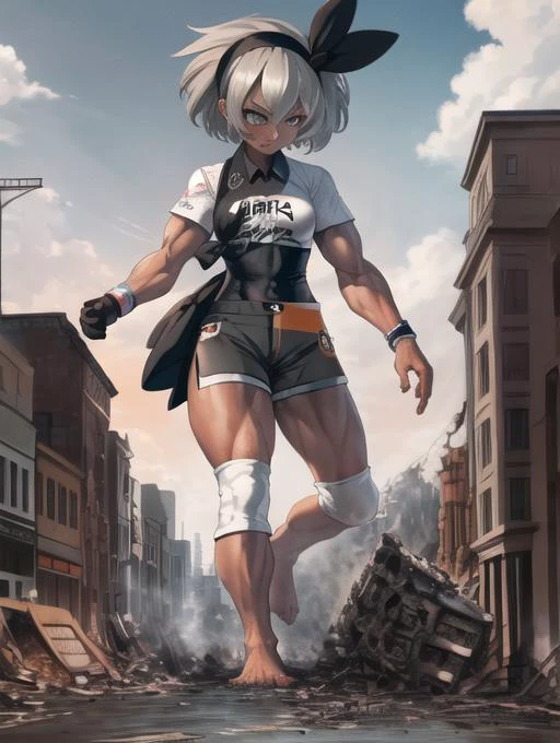ultra detailed, masterpiece, best quality, solo,<lora:Bea:0.8> , bea pokemon, bea \(pokemon\), dark-skinned female, grey eyes, grey hair, hair between eyes, short hair, black hairband, bodysuit under clothes, collared shirt, short sleeves, white shirt, side slit shorts, wristband, glove, knee pads, barefoot, medium breasts, evil grin, narrow eyes, muscular, huge muscles, muscular female, body, narrow eyes, symmetrical eyes, symmetrical face, perfect arms, perfect hands, perfect face, perfect legs, perfect feet, <lora:more_details:0.7>, sharp eyes, detailed eyes,
walking, stomping on a city, stomping,
city, giga giantess, gts, giantess walking on a city, destruction, rampage, huge craters, ravines, cracks in the ground, earthquake, smoke, fire, destroyed city, ruins, rubble, debris, crumbling, destroyed buildings, knocked over buildings, toppled skyscrapers, crumbling buildings, falling buildings, rampage in the city, destruction in the city, destroyed cityscape <lora:giantess:1>