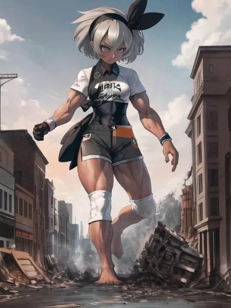 ultra detailed, masterpiece, best quality, solo,<lora:Bea:0.8> , bea pokemon, bea \(pokemon\), dark-skinned female, grey eyes, grey hair, hair between eyes, short hair, black hairband, bodysuit under clothes, collared shirt, short sleeves, white shirt, side slit shorts, wristband, glove, knee pads, barefoot, medium breasts, evil grin, narrow eyes, muscular, huge muscles, muscular female, body, narrow eyes, symmetrical eyes, symmetrical face, perfect arms, perfect hands, perfect face, perfect legs, perfect feet, <lora:more_details:0.7>, sharp eyes, detailed eyes,
walking, stomping on a city, stomping,
city, giga giantess, gts, giantess walking on a city, destruction, rampage, huge craters, ravines, cracks in the ground, earthquake, smoke, fire, destroyed city, ruins, rubble, debris, crumbling, destroyed buildings, knocked over buildings, toppled skyscrapers, crumbling buildings, falling buildings, rampage in the city, destruction in the city, destroyed cityscape <lora:giantess:1>