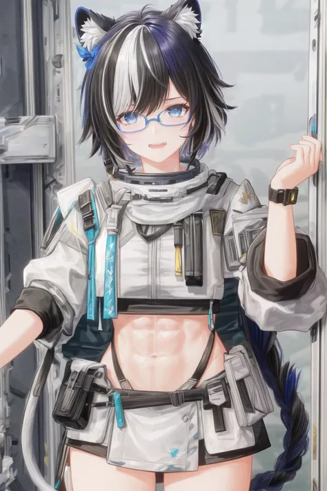 ((best quality)), ((highly detailed)), masterpiece, extremely detailed face, beautiful face, (detailed eyes, deep eyes), (1girl), (glasses), cowboy shot, <lora:hairdetailer:1>, (white tiger girl), tiger ears, tail, ((body fur:1)), white fur, (black stripes), (multicolored hair, white hair with black stripes:1.3)), black hair), blue eyes, ((streaked hair)), (abs), (fangs), (long nails), (smug), short hair, tomboy, (indoors, on a space station, space, stars), <lora:Aether Gazer Style:1>