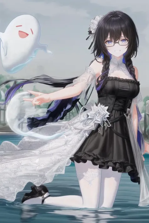 ((best quality)), ((highly detailed)), masterpiece, extremely detailed face, beautiful face, (detailed eyes, deep eyes), (1girl), (glasses), full body, <lora:hairdetailer:1>, ((ghost-girl)), ((undead)), ((pale skin:1.3)), ((black colored hair:1.3)), (eye bags), (monstergirl), flowing ((white dress)), ((crazy grin)), ((graveyard)), fog, (in a pool), <lora:Aether Gazer Style:1>