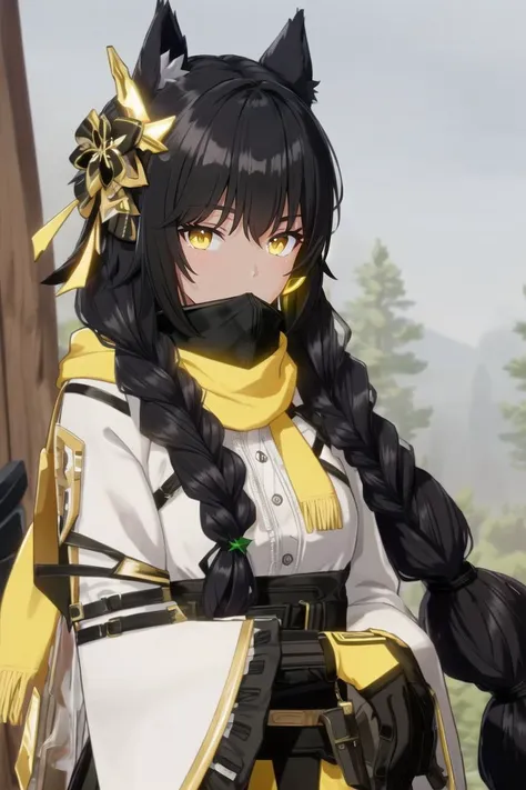 ((best quality)), ((highly detailed)), masterpiece, (detailed eyes, deep eyes), (1girl), upper body, (panther girl), panther ears, panther tail, black hair, (((ebony skin:1.5))), ((yellow colored eyes)), very long hair, braided hair, athletic, latex (bodysuit), long sleeves, ((gold lace trim)), kneeboots, black gloves, gold belt, ((yellow scarf over mouth)), (at a pine_tree forest), <lora:Aether Gazer Style:1>