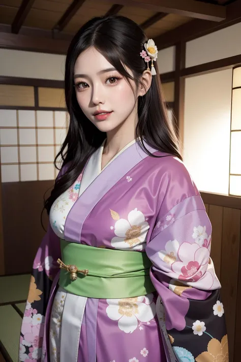 reikamiki, 1girl, solo, japanese clothes, kimono, smile, black hair, looking at viewer, sash, lips, floral print, brown eyes