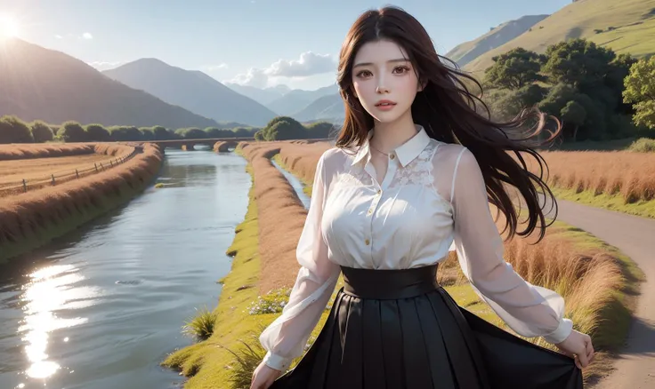 reikamiki, 1girl, solo, long hair, breasts, brown hair, dress,skirt lift,field, village,river,sunlight, depth of field,