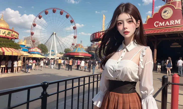reikamiki, 1girl, solo, long hair, breasts, brown hair,skirt lift, dress,amusement park