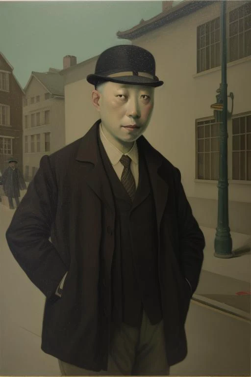 <lora:envybetterhandsLocon_alpha3:1> <lora:JeffreyChongWang:1>, wang, painting of a man in a street