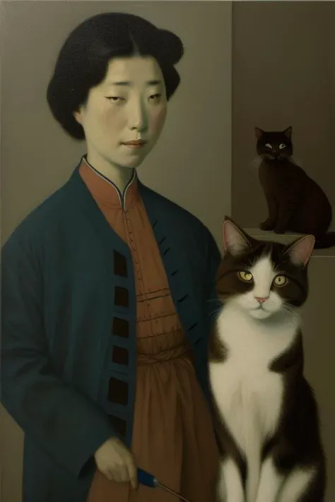 <lora:envybetterhandsLocon_alpha3:1> <lora:JeffreyChongWang:1>, wang, painting of a woman and a cat
