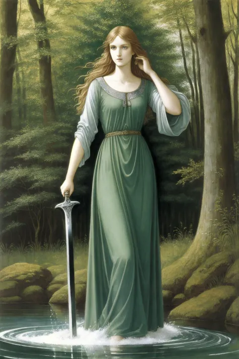 style of Edward Burne-Jones, A pool of water in a lush green misty forest, A celtic goddess with long straight blonde hair and long green dress emerges from the water holding the sword Excalibur